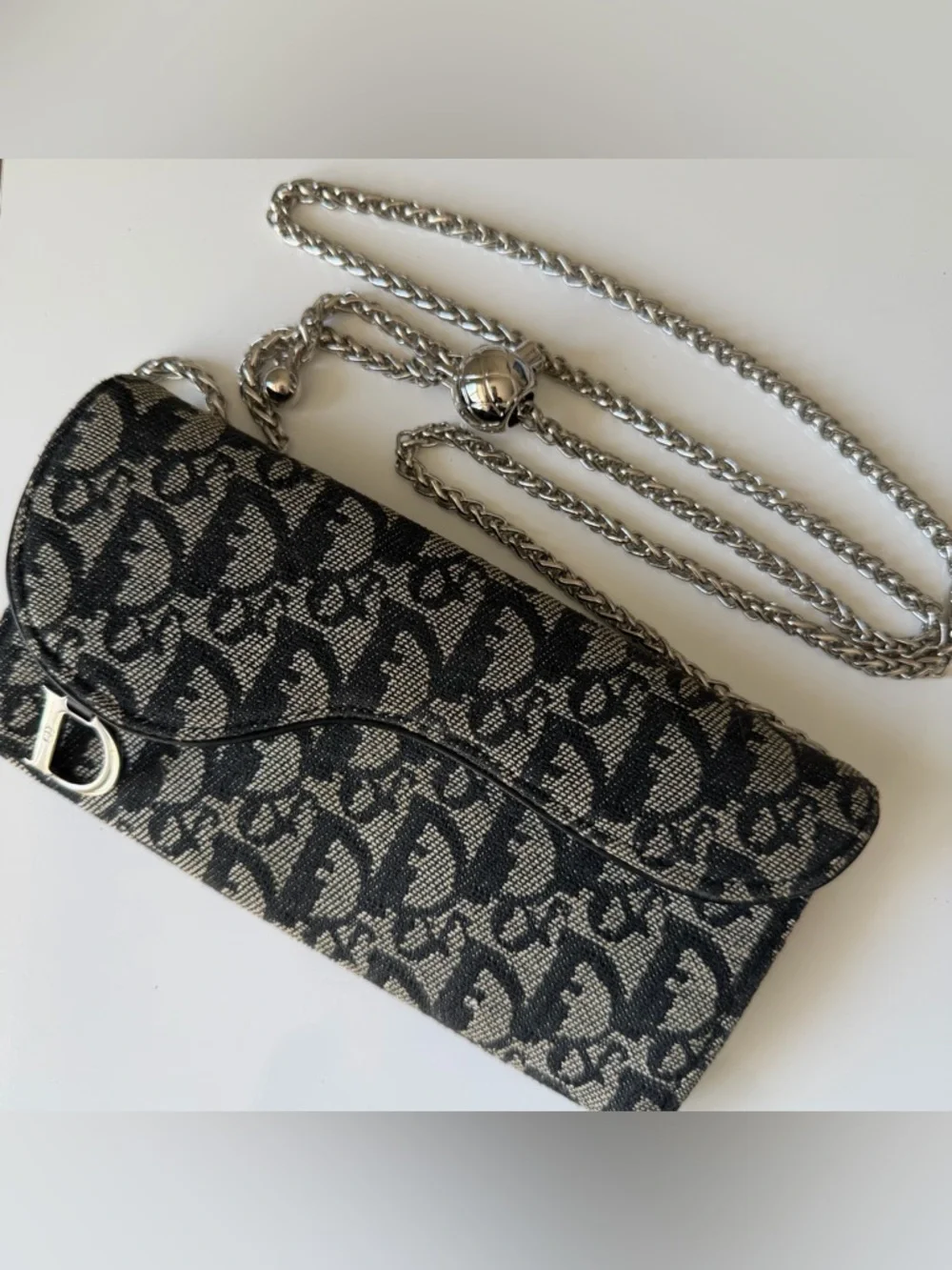 Christian Dior Oblique Saddle Wallet with D Charm Black Gray Canvas
